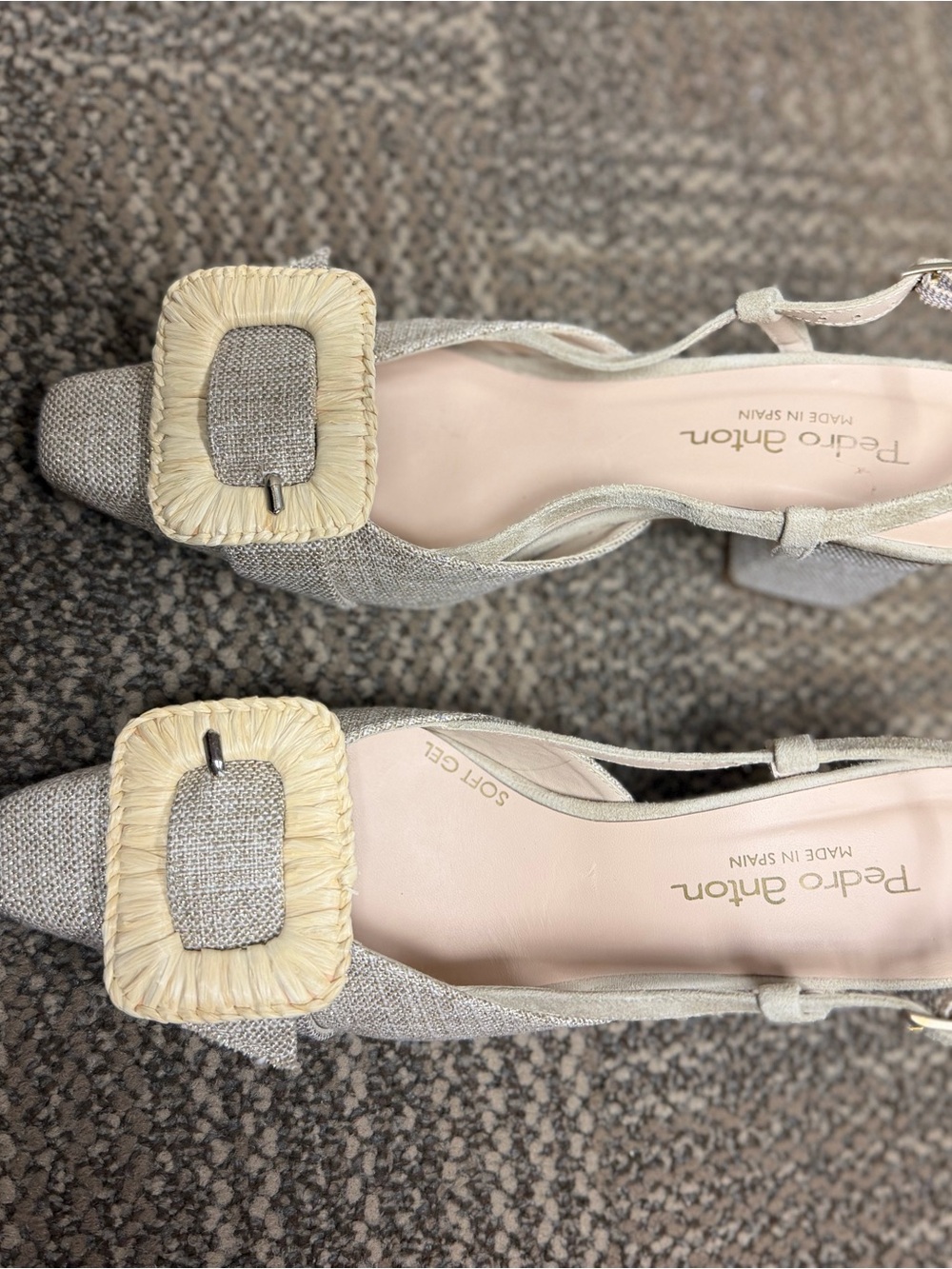 Pedro Anton Neutral Linen Slingback Heels with Raffia Buckle